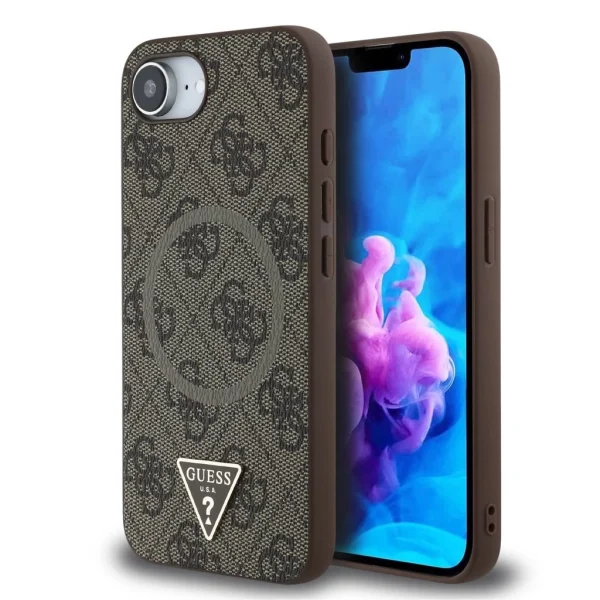 Guess PU 4G Strass Triangle Metal Logo MagSafe tok iPhone 16e készülékhez barna