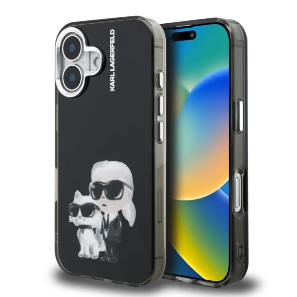 Karl Lagerfeld IML Aquarelle Karl and Choupette tok iPhone 16 készülékhez fekete
