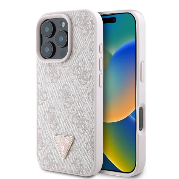 Guess PU 4G Strass Triangle Metal Logo tok iPhone 16 Pro készülékhez rózsaszín