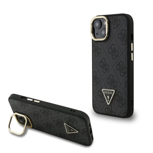Guess PU 4G Strass Triangle Logo Stand Camera Frame MagSafe tok iPhone 14 készülékhez fekete