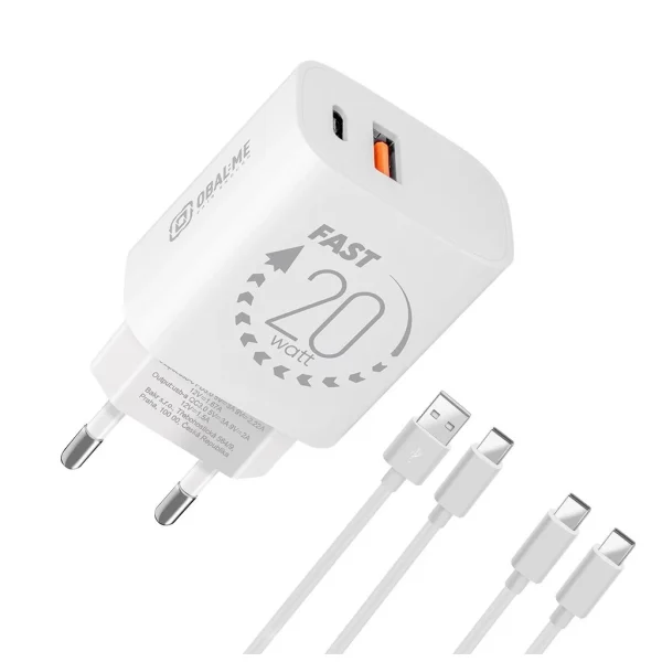 OBAL:ME fali töltő USB-A + USB-C 20W + 2x kábel 1m fehér