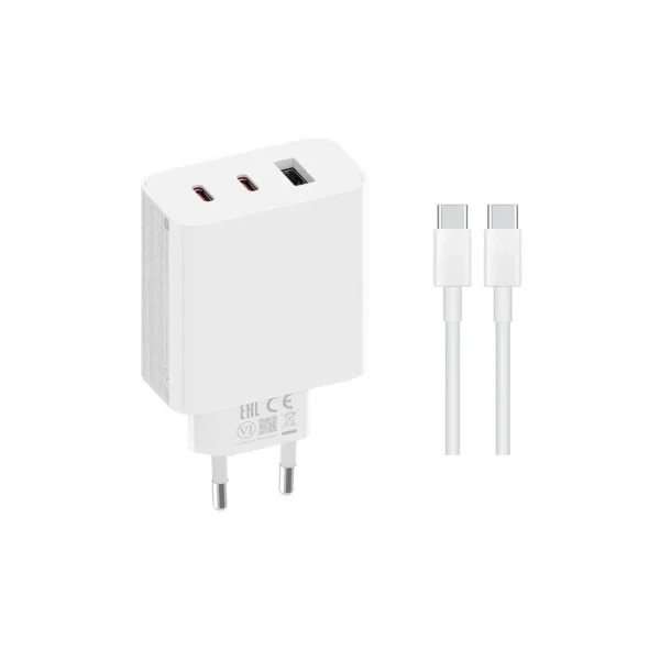 Xiaomi 2C1A (2xUSB-C,1xUSB-A) 67W GaN utazó töltő + USB-C/USB-C 6A adatkábel fehér (Service Pack)
