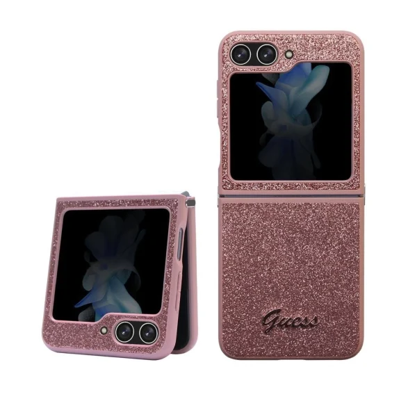 Guess PC/TPU Glitter Flakes Metal Logo tok Samsung Galaxy Z Flip 5 készülékhez rózsaszín
