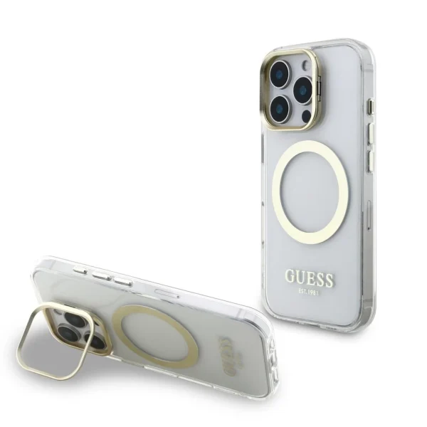 Guess IML Gold Outline Stand Camera Frame MagSafe tok iPhone 16 Pro Max készülékhez átlátszó