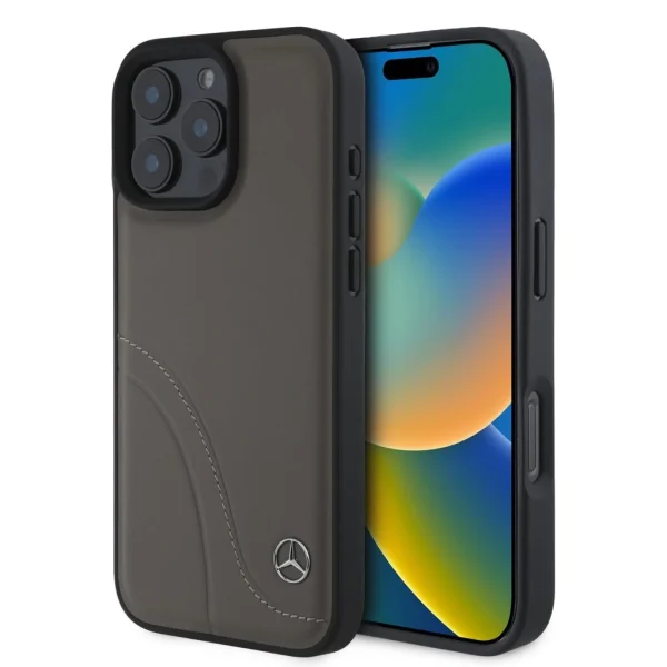 Mercedes Curved Stitches bőr tok az iPhone 16 Pro készülékhez barna