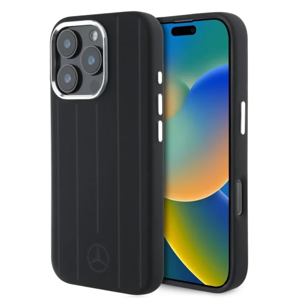 Mercedes Liquid Silicon Stripes Pattern MagSafe Tok iPhone 16 Pro készülékhez fekete
