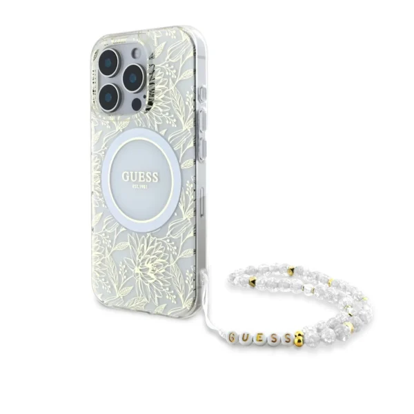 Guess IML Flowers Allover Strap MagSafe tok iPhone 16 Pro Max készülékhez fehér
