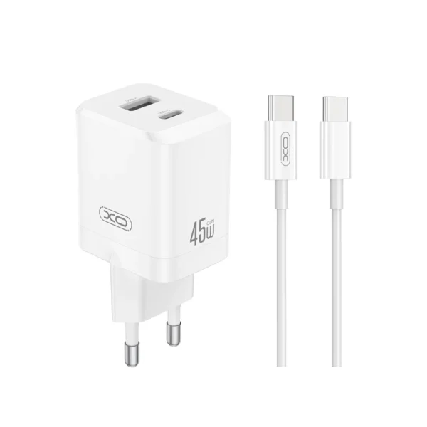 XO CE36 Fehér Hálózati Töltő szett PD45W 1*USB-A / 1*USB-C + USB-C kábellel